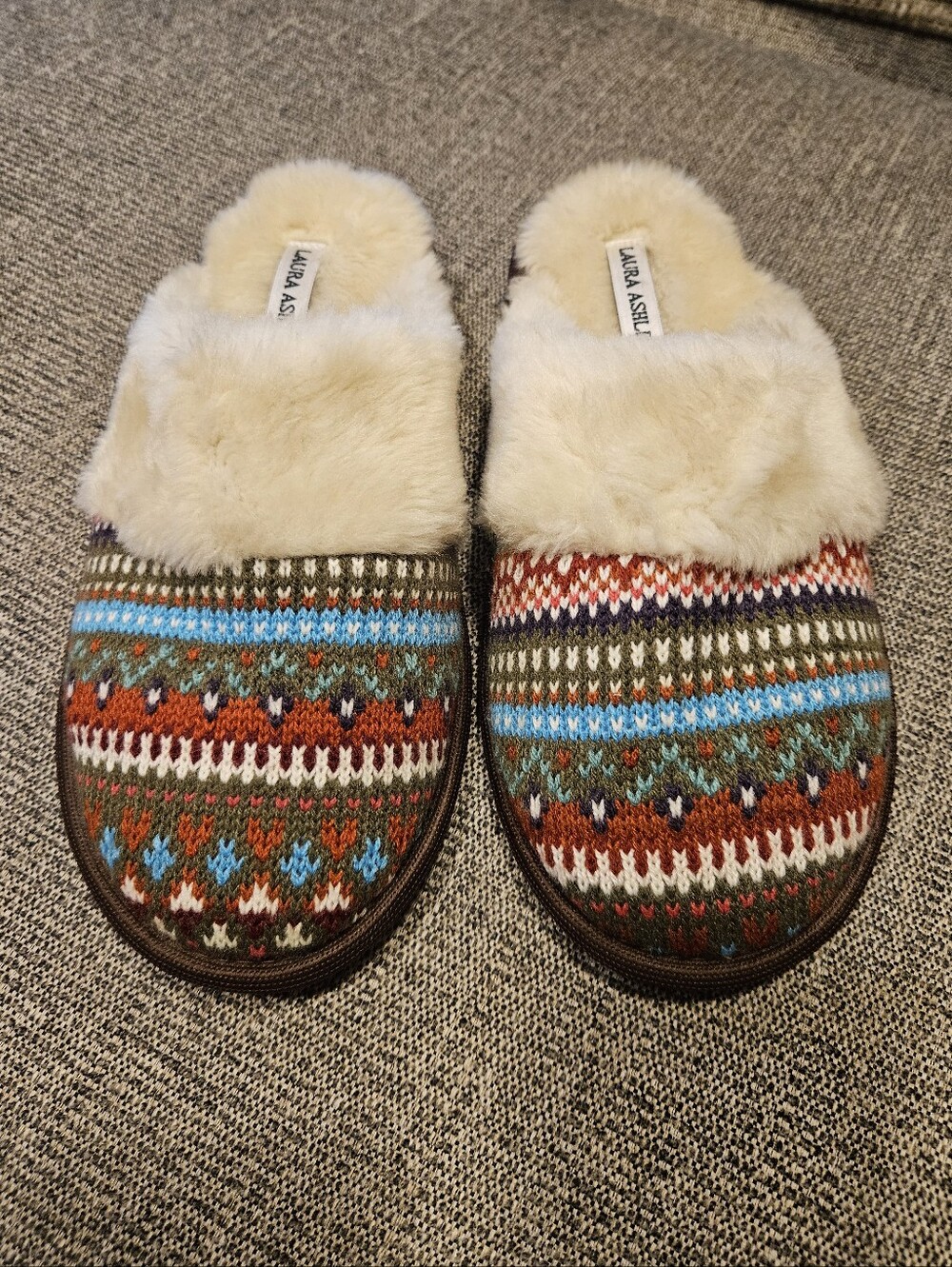 Laura Ashley Colorful Knit Fair Isle Slippers With Faux Fur. L (8-9)